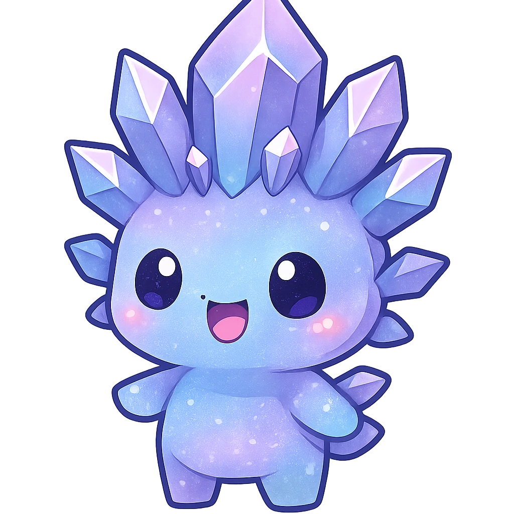 chibi kawaii crystal sprite creature, purple blue and pink colors, happy expression, cute and adorable emoji