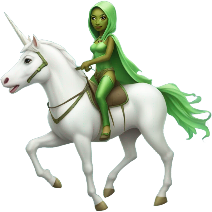 a green amazon alien woman on a four-legged white unicorn emoji