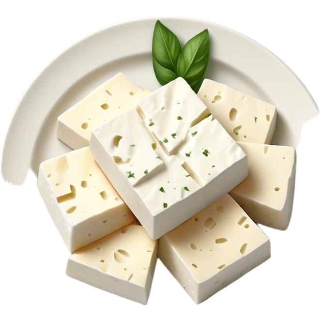 Feta Cheese Cinematic Realistic Feta Cheese Dish Emoji, depicted as slices of tangy, creamy feta cheese served on a plate, rendered with crisp textures and soft, natural lighting. emoji