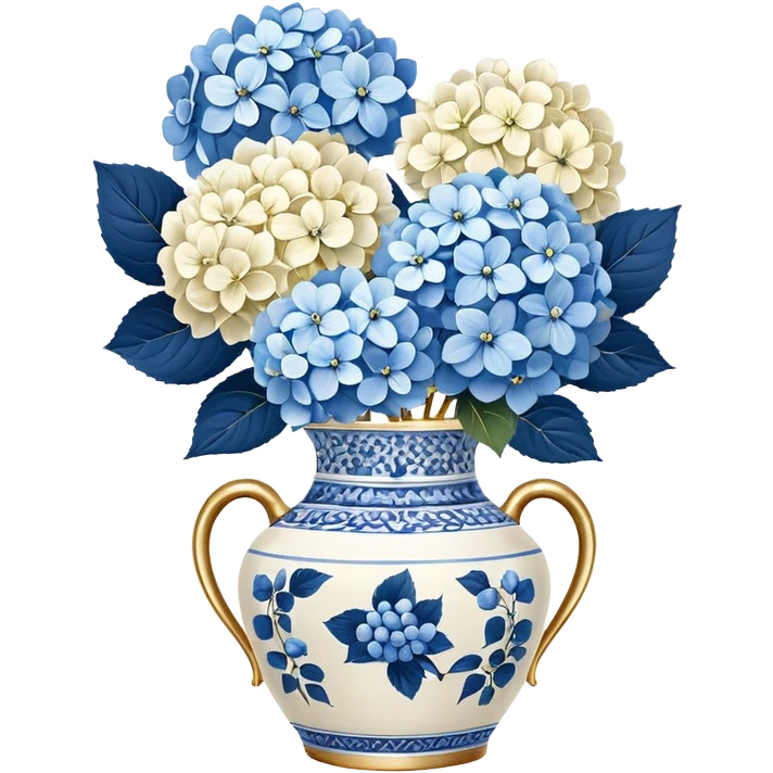 Blue and white floral vase with gold handle, with white hydrangeas stem and blue hydrangeas stems emoji