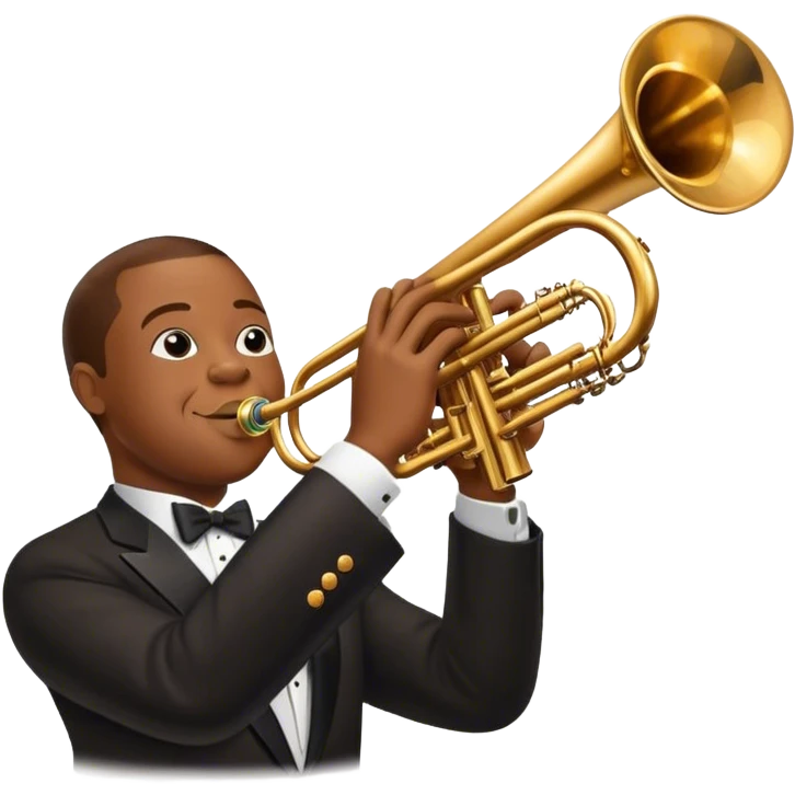 Icon for Jazz Music: Louis Armstrong with his trumpet in front of a jazz orchestra. Include musical instruments like a saxophone, trumpet, and piano, with floating musical notes around. The design should capture the smooth and soulful vibe of jazz. Transparent background. emoji