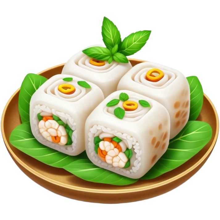 Bánh Cuốn Cinematic Realistic Bánh Cuốn Dish Emoji, depicted as delicate steamed rice rolls garnished with chopped mint on top, rendered with lifelike textures and fresh, vibrant lighting. emoji