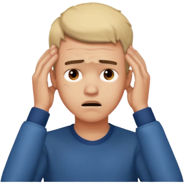 A frustrated young man holding his head, confused expression, dramatic lighting, blurred dark background, cinematic YouTube intro style, ultra-realistic. emoji