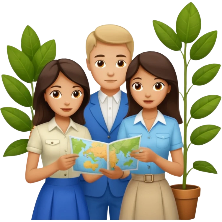 Russian man and elegant Latina girl in cute outfits with a map planning plants emoji