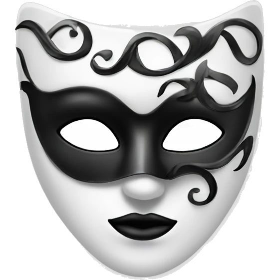 White Masquerade mask with black swirls on it that covers only the eyes. The eyes are completely black. emoji