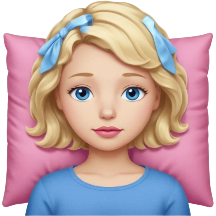 Girl Blonde short wavy hair,  blue eyes, cute blue top, long lashes, pink lips, sleeping emoji