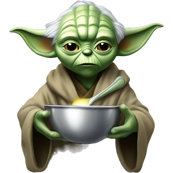 Yoda holding a silver spoon in front of his face heating the bottom With a lighted emoji