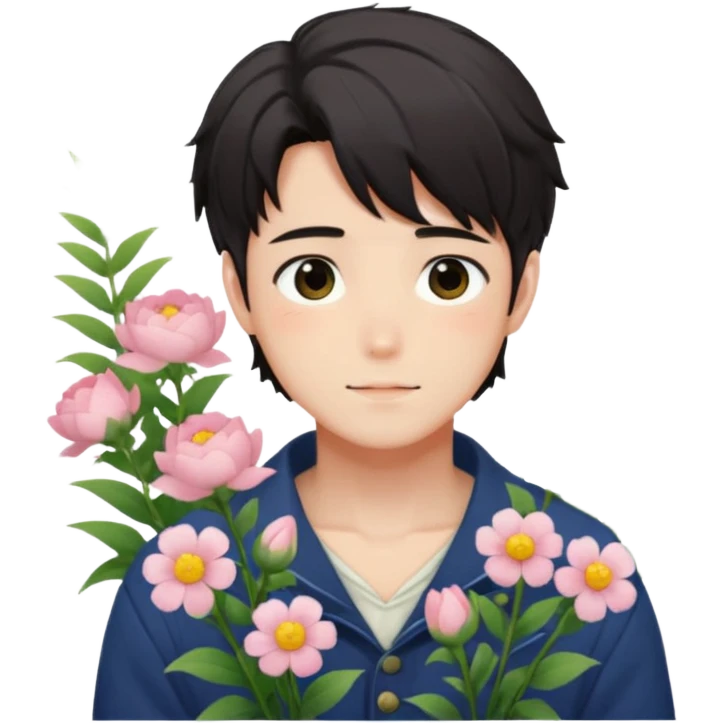 Gorgeous bright sparkly romantic anime style guy with blushing face and flowers aesthetic cottagecore trending style outside emoji