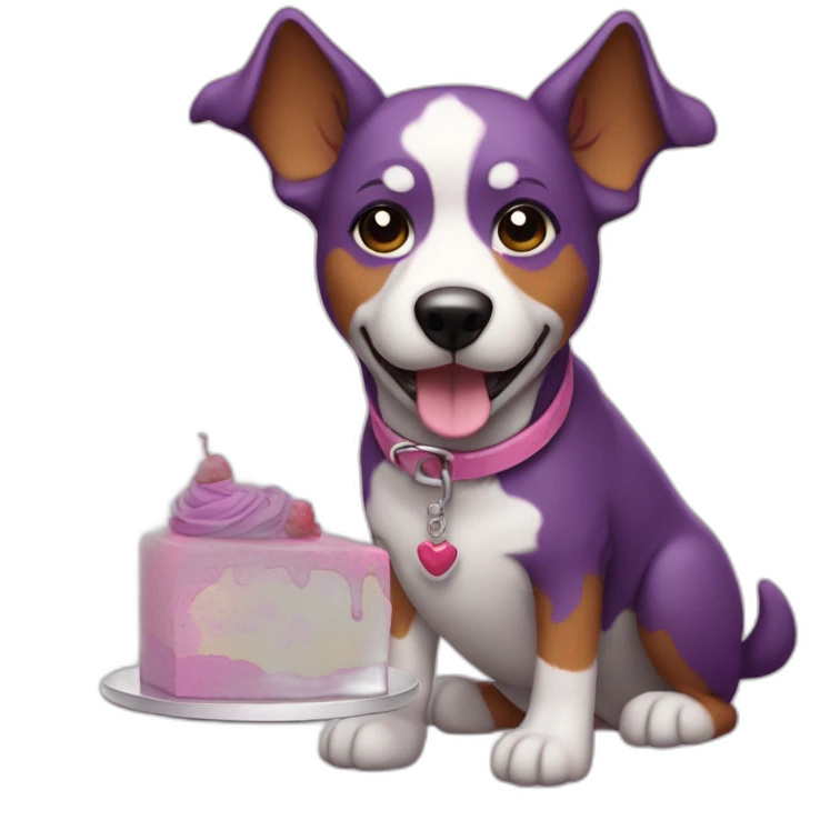 a purple dog with a brown nose and a pink collar with a bone eat cake emoji