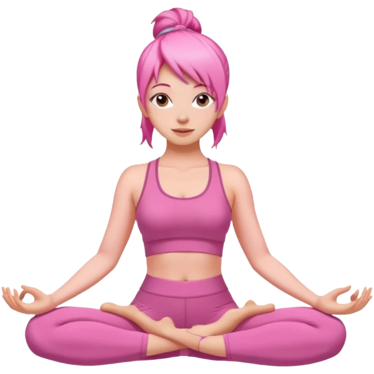 Woman with pink hair in a pink yoga outfit doing yoga emoji