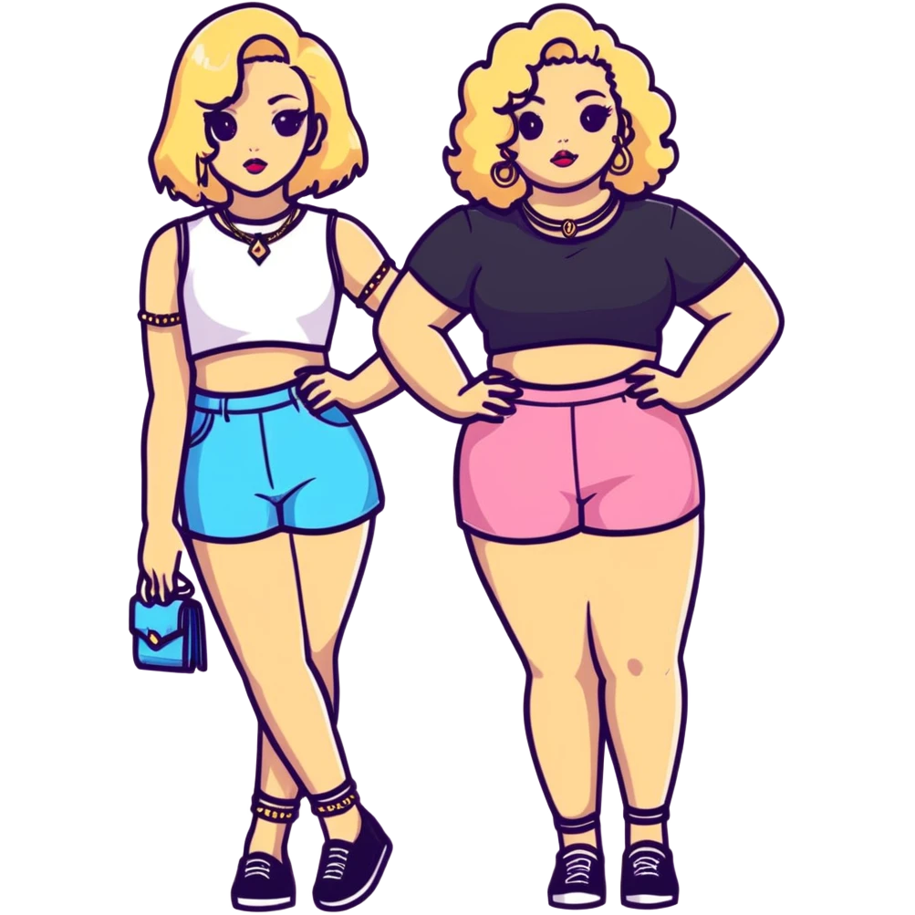 Full body of two teenage girls standing together, one white with straight blonde hair and one brown-skinned with curly dark hair, both with heavy makeup, big lips, crop tops, gold jewelry and flashy choni style outfits emoji