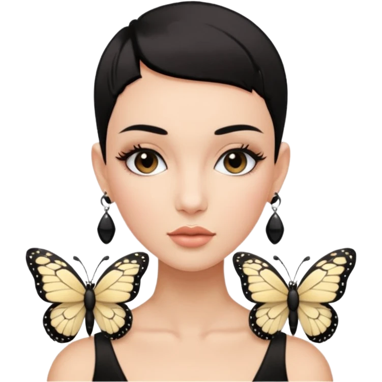 Lady with black buzz cut hair and lashes wearing 4 black earrings holding white butterfly emoji