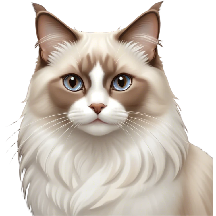 Cinematic Chocolate-Point Ragdoll Cat Portrait Emoji, Elegant and alert, sleek brown and white tones with a distinct white nose, Simplified yet sharp features, highly detailed, glowing with a warm, confident glow, high shine, intelligent and poised, stylized with an air of grace, focused and attentive, soft glowing outline, capturing the essence of calmness and elegance, so lifelike it feels as though it could spring into motion with a gentle, poised presence at any moment! emoji