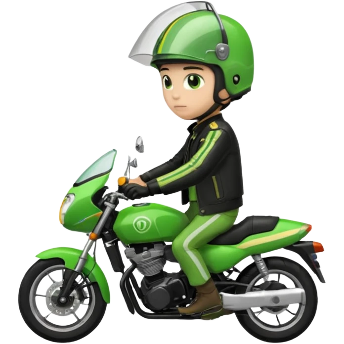 ojek online driver, using motorbike, the helmet is green. green jacket, not green motorbike (maybe a black jacket with green stripes just a little) then please make the driver not looking at "camera". the first one is good. but can you make the driver just look at the road not looking at me emoji