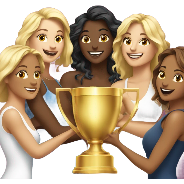 Eight beautiful blonde and Latina women celebrating with 1 huge gold trophy emoji