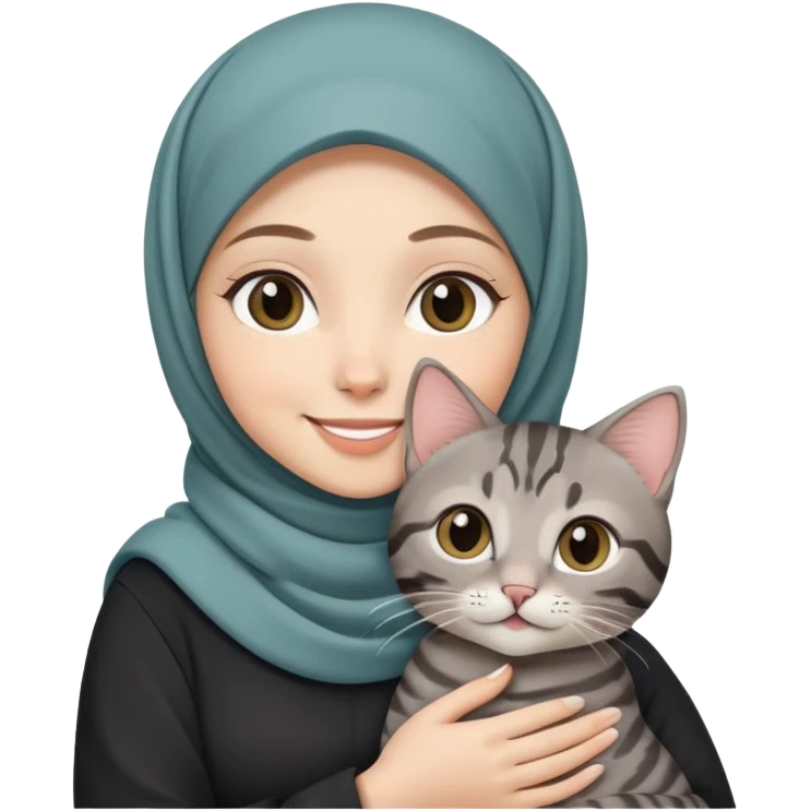Hijab White girl smiling while holding a black grey tabby cat emoji