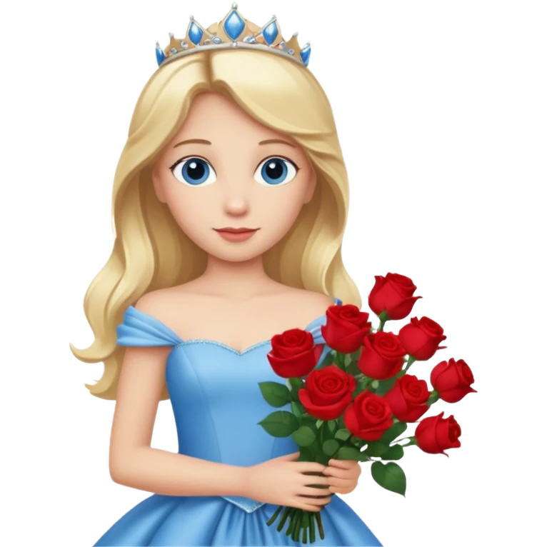 Blonde haired, blue eyes princess holding a bouquet of roses wearing a princess gown emoji