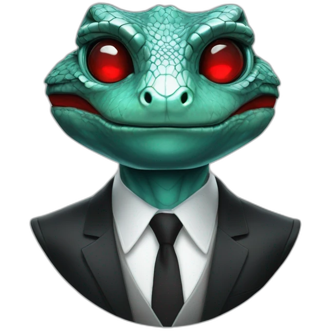 Aquamarine reptilian in classic black suite with red laser eyes on the middle of platinum coin emoji