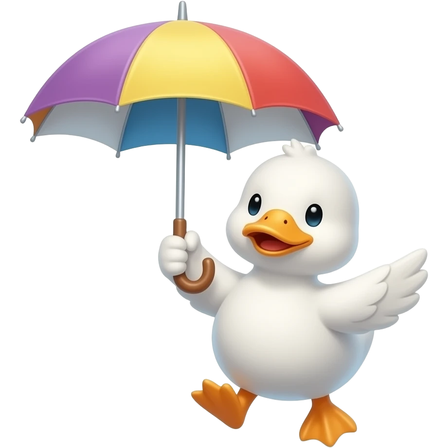 a white cute duck balanced by a parasol in the air blown by a gust of wind emoji