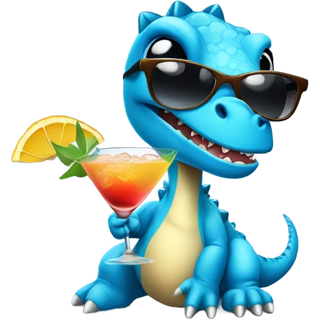 baby blue dinosaur wearing sunglasses and drinking a cocktail emoji