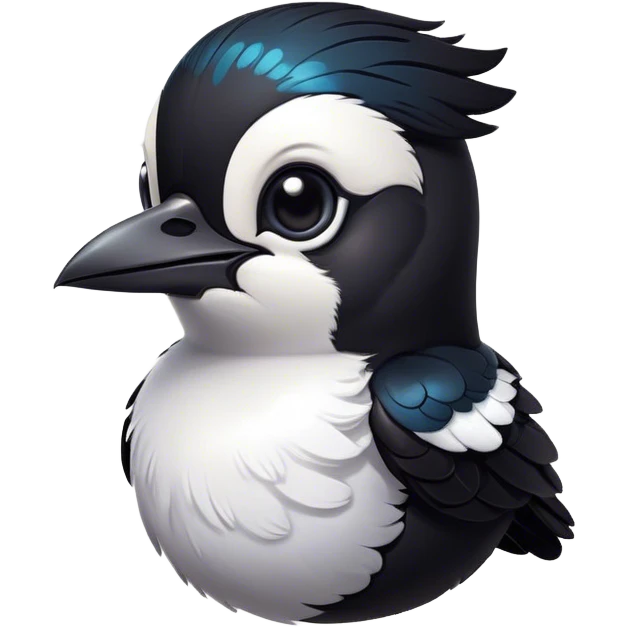 Cinematic Cute Magpie Portrait Emoji, Head tilted playfully and inquisitively, featuring a compact, elegant form with glossy, contrasting black and white feathers and round, sparkling eyes full of playful charm, Simplified yet irresistibly adorable features, highly detailed, glowing with a warm, inviting glow, high shine, affectionate and lively, stylized with a touch of whimsical urban flair, soft glowing outline, capturing the essence of a mischievous yet endearing magpie that seems as if it could flit out of the screen into your arms! emoji