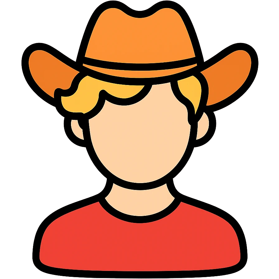 color outline icon of young man with wavy blonde hair, blank face, orange cowboy hat emoji