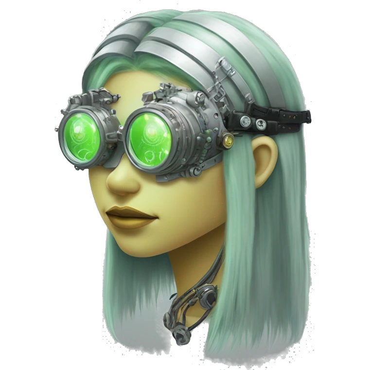 Light green long hair female cyborg head with silver steampunk goggles as a headband, circuits emoji