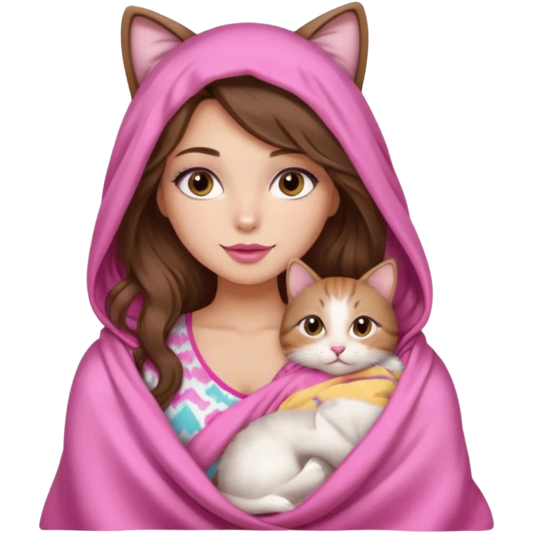 girl with long wavy brown hair, brown eyes, long lashes makeup, sexy pink lips, light to medium complexion, wearing a pink sexy silk top, big blanket over the head cozy holding a cat,  emoji