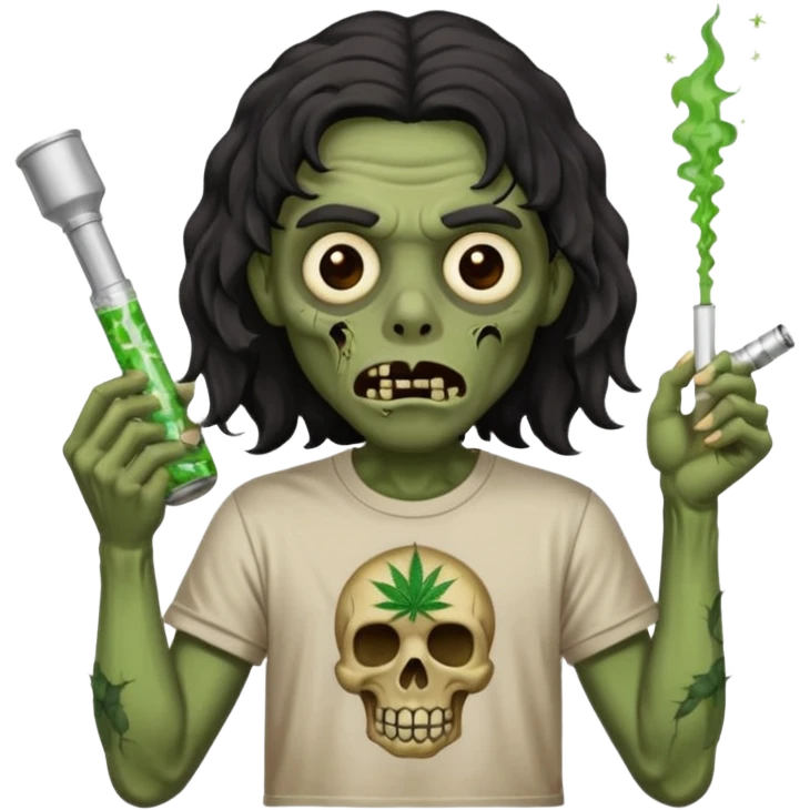 black mid long wavy haired zombie getting stoned with weed t shirt and bong on his hand emoji