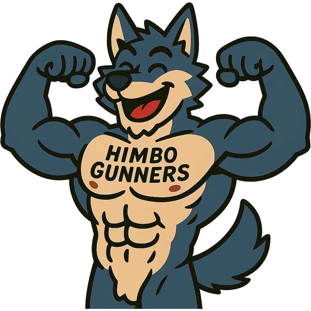 super buff wolf furry, shirtless, 'Himbo Gunners' tattoo on chest, flexing with both arms, cheerful expression emoji