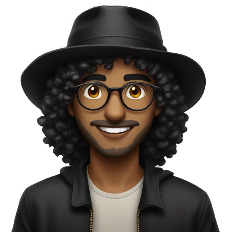 young arab guy with square gold transparent thin glasses, big lips, no beard, a lil bit mustache, curly hair and a black fishing hat, not too dark skin, smiling with  vampire teeth like emoji