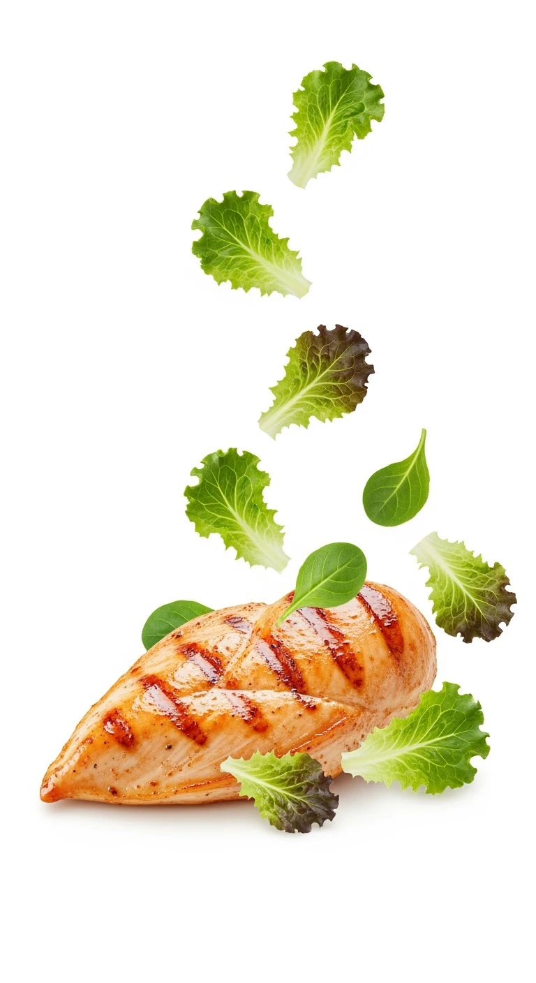 foglie di insalata fluttuano in aria insieme a petto di pollo grigliato, iperrealistico 4k, ISOLATA SU SFONDO BIANCO emoji
