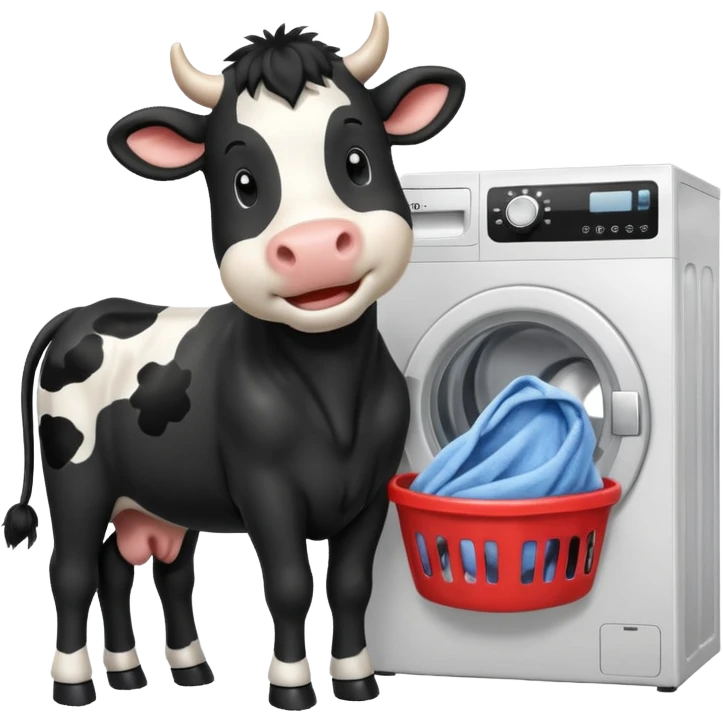 cartoon Friesian cow loading laundry into a washing machine emoji