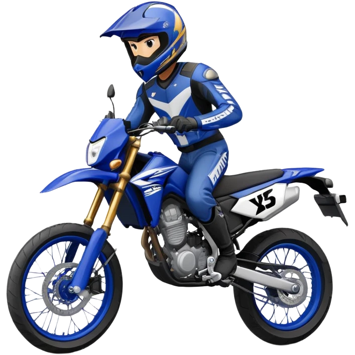 dark blue and light blue Yamaha WR125X Supermoto Rider in a wheelie with dark blue helmet emoji