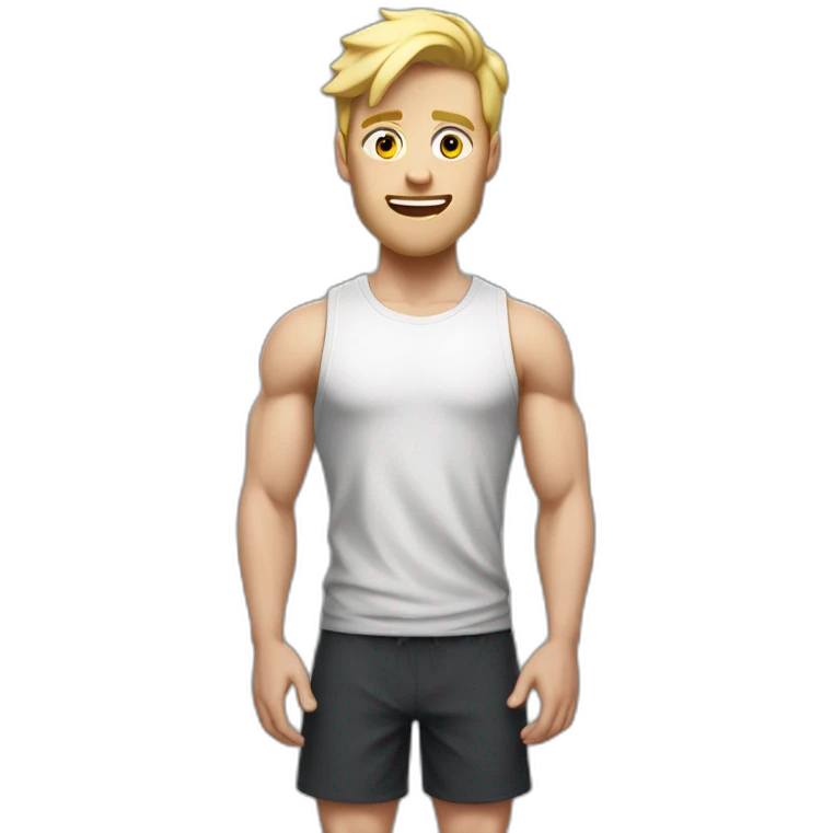 Full height Actively gesturing with hands Pale skinned fit man With the biceps and blonde hair In dark gray sleeveless mike, black oversize sports shorts, watch and white sneakers emoji