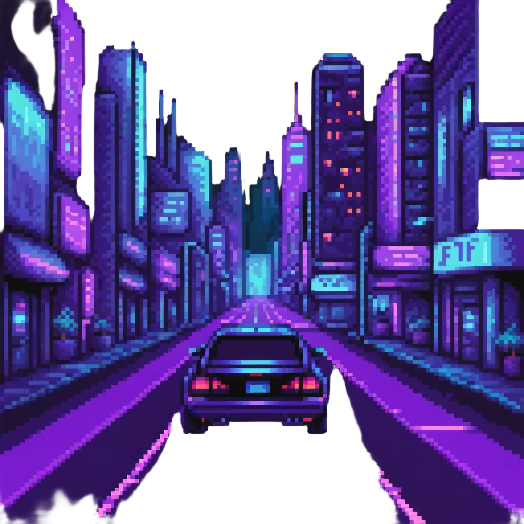 car driving through neon city streets at night with purple and blue lighting emoji