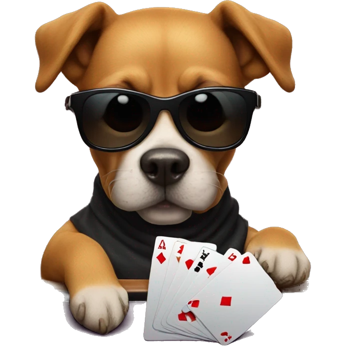 Dog playing poker at poker table, wearing shades, holding 2 cards emoji