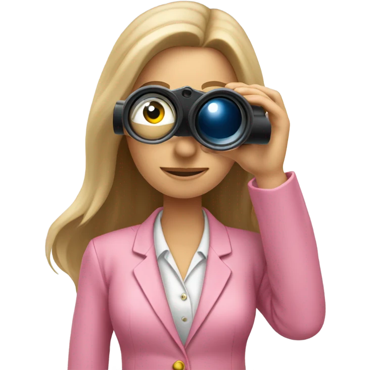 secretary style white female employee in pink suit using binoculars with long loose hair. must look straight in front of a camera emoji