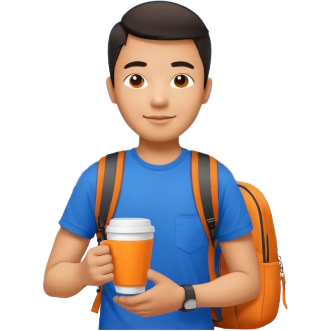 an asian man in blue t-shirt with orange cup of coffee and backpack on the back. Eiffel tower on the background emoji