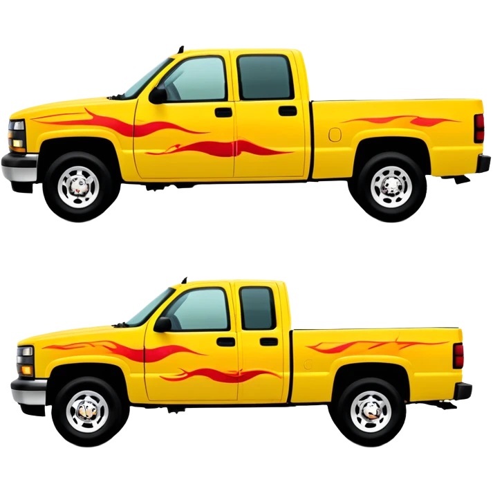 Yellow 1997 Chevrolet C-2500 Crew Cab Silverado with accurate red flame decal printed on the hood, exactly as seen in Kill Bill movie, 30-degree view showing detailed flame graphics, iOS emoji style emoji