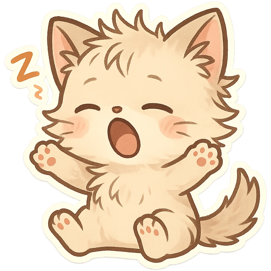 chibi style cat waking up, tiny paws, messy fur, cute expression emoji