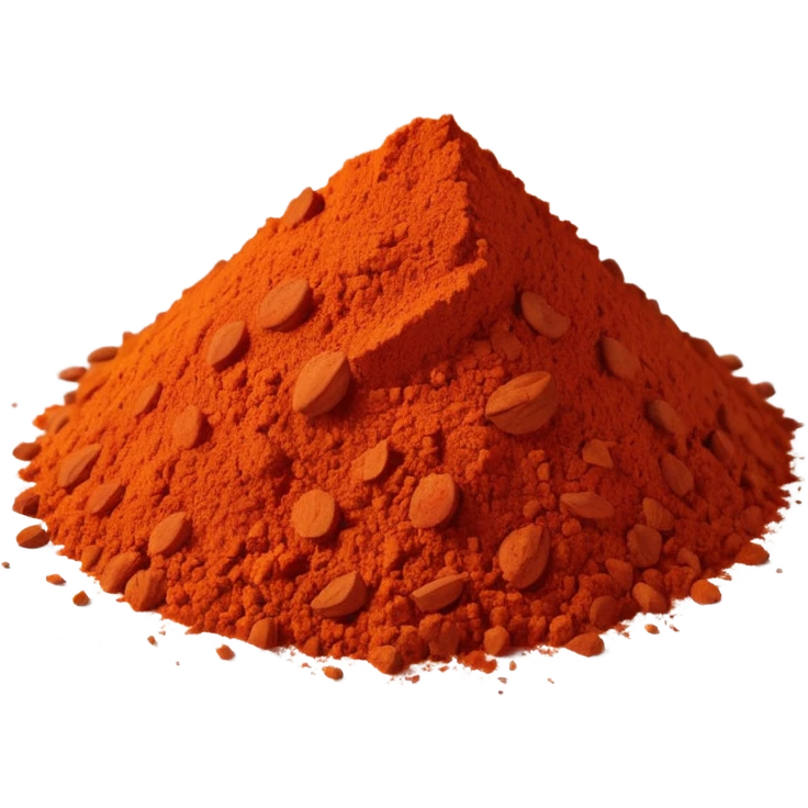 small scatter or mound of vibrant red-orange spice powder with slightly coarse flaky texture and matte finish, warm earthy color suggesting sun-dried peppers ground into fragrant flavorful dust, no bowl spoon or garnish, soft lighting, subtle shadows, emoji scale emoji