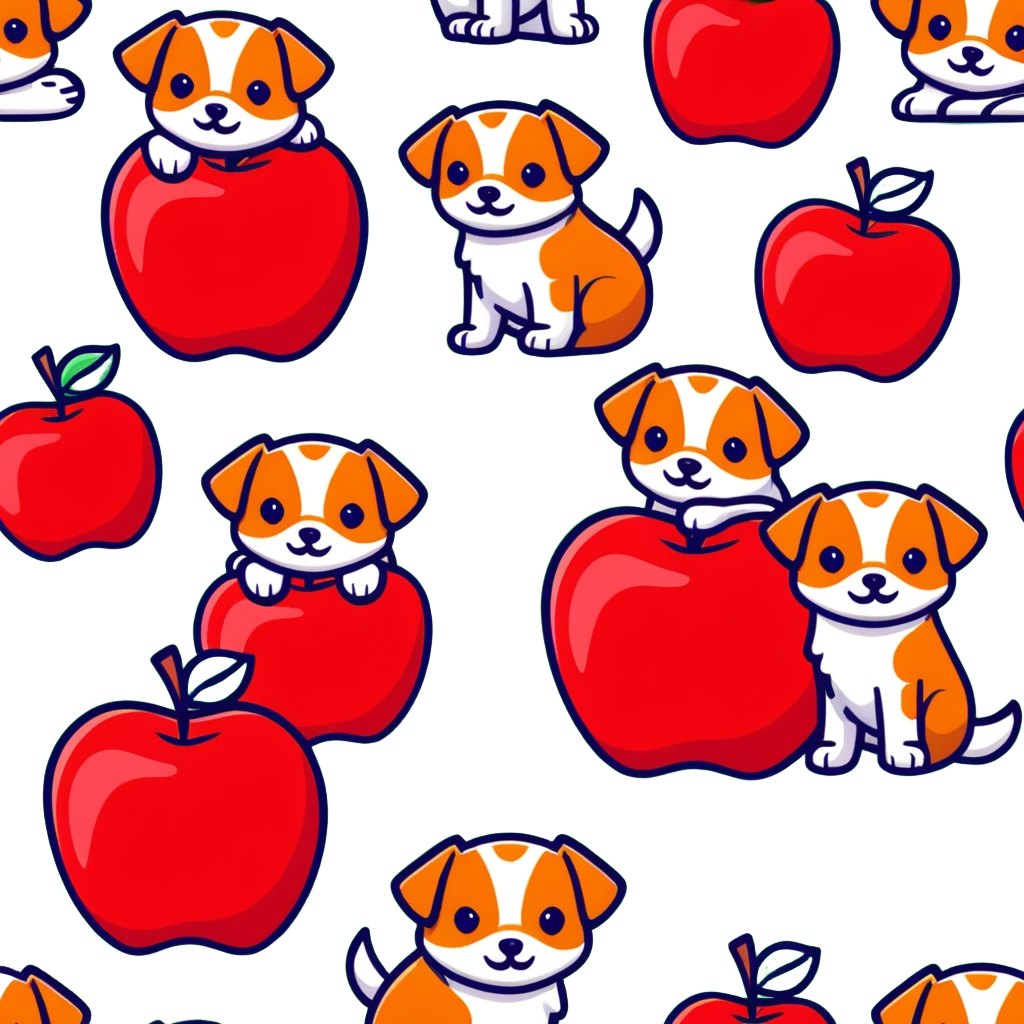 Group of cute dogs piling on a red apple emoji