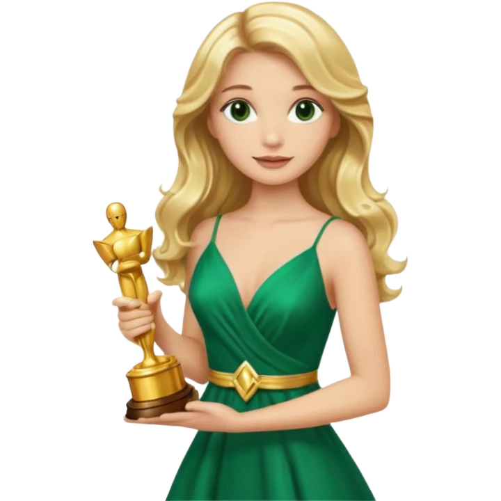 blonde model, brown eyes, long wavy hair, oscars red carpet, emerald green, holding oscar emoji