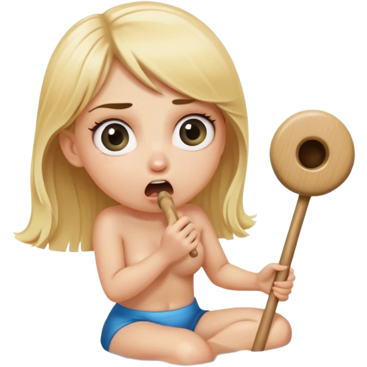 blond woman sitting on her knees with wide eyes, holding a wide skin-colored stick with a D-shaped knob, the knob has skin texture, water squirting from the flat side of the knob into her mouth, shocked face emoji