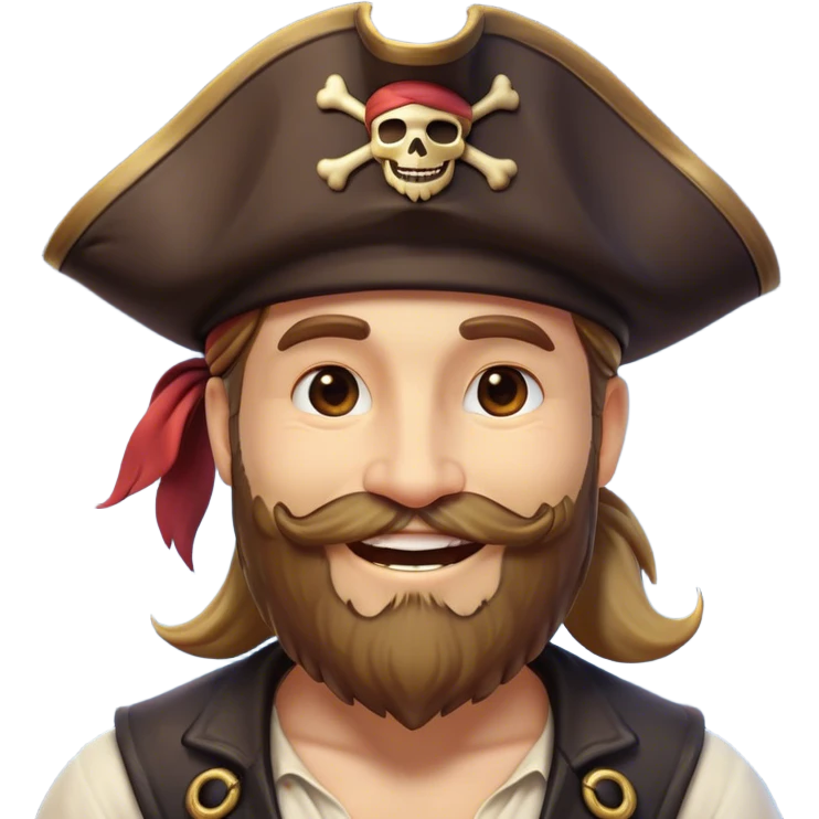 Clash of Clans aesthetic Cheerful Pirate Portrait Emoji, With a bright, confident smile and a relaxed yet adventurous posture, showcasing a stylized, rugged build with a classic pirate hat and a neatly groomed beard, his face in natural skin tone, Simplified yet expressive features, highly detailed, glowing with a soft, luminous maritime radiance, high shine, upbeat and daring, stylized with an air of classic swashbuckler allure, soft glowing outline, capturing the essence of a cheerful pirate ready to chart epic voyages! emoji