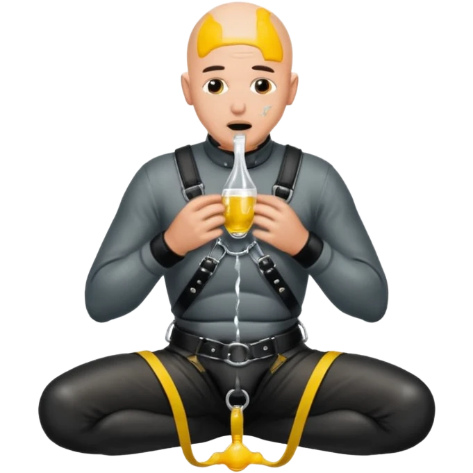 submissive bald man on his knees in a black leather harness standing man in leather, pouring piss down his throat emoji
