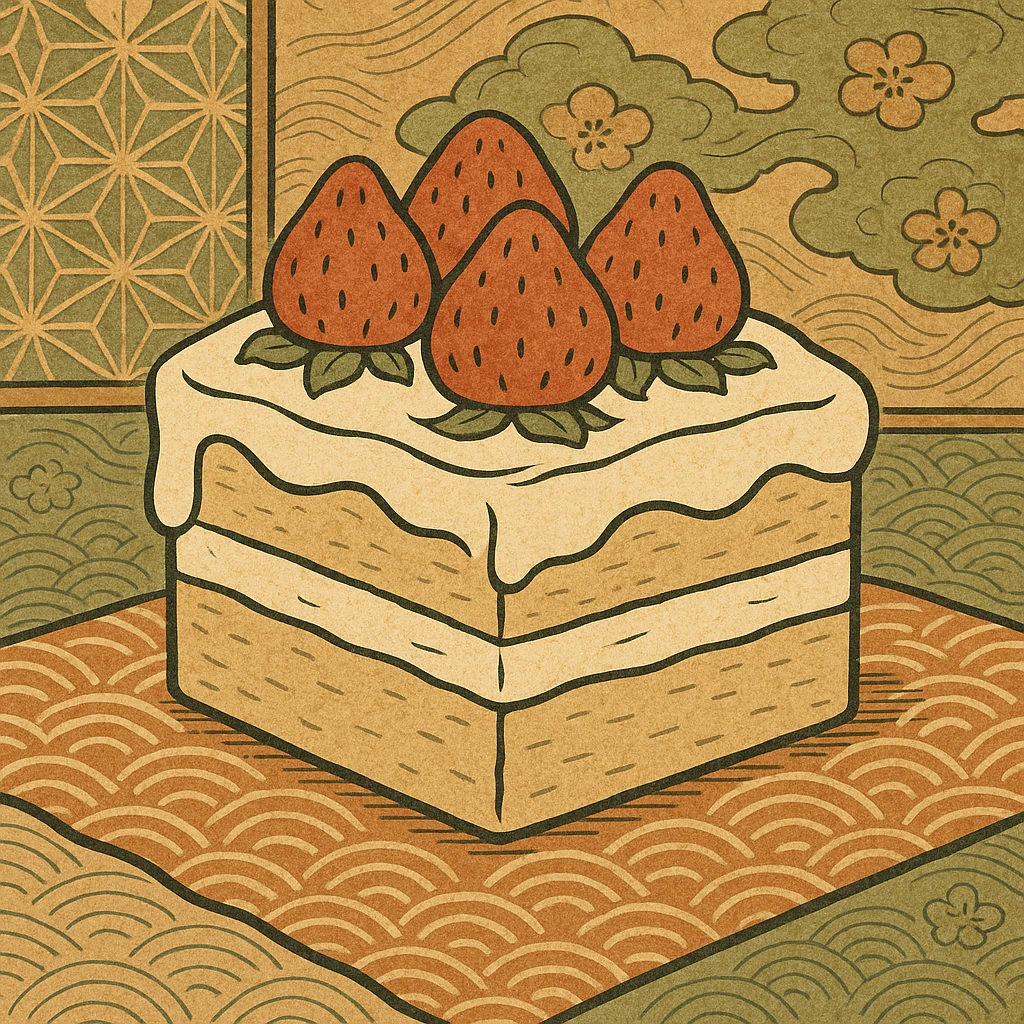 white cake with strawberries on top, ukiyo-e style emoji