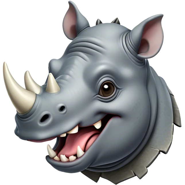 Cinematic Comical Rhinoceros Portrait Emoji, Head tilted dramatically with an exaggeratedly amused expression, featuring a striking, glossy slate-gray hide with a boldly textured horn, wide, expressive eyes filled with playful disbelief, Simplified yet hilariously expressive features, highly detailed, glowing with a slightly sassy glow, high shine, dramatic yet playful, stylized with an air of cheeky wild mischief, bright and endearing, soft glowing outline, capturing the essence of a spirited and over-the-top rhinoceros, so meme-worthy it feels like it could charge its way into internet fame instantly! emoji