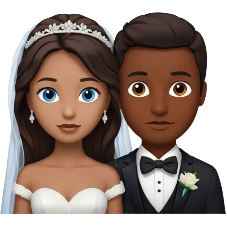 White groom with blue eyes and brown hair. Black bride with brown eyes and black hair emoji